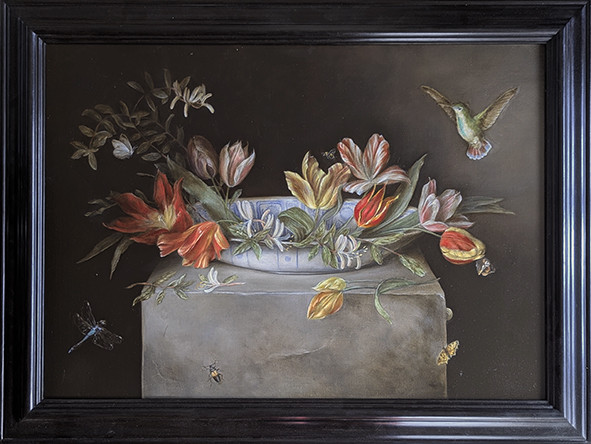Delft charger with heritage tulips 1595-1780 and honeysuckle by Tanja Moderscheim Delft charger with heritage tulips 1595-1780 and honeysuckle by Tanja Moderscheim