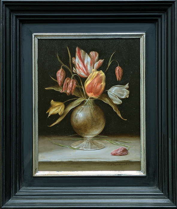 glass vase with heritage tulips (1700-1760) and snakeshead fritillaries glass vase with heritage tulips (1700-1760) and snakeshead fritillaries